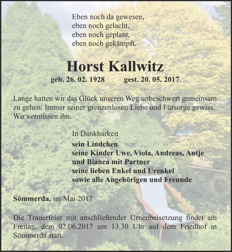  Traueranzeige für Horst Kallwitz vom 25.05.2017 aus Thüringer Allgemeine