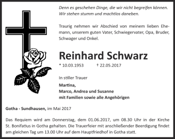 Traueranzeige von Reinhard Schwarz von Ostthüringer Zeitung, Thüringische Landeszeitung