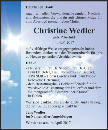 Traueranzeige von Christine Wedler von Thüringer Allgemeine