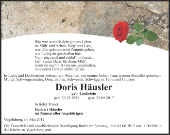 Traueranzeige von Doris Häusler von Thüringer Allgemeine