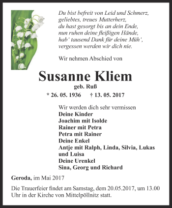 Traueranzeige von Susanne Kliem von Ostthüringer Zeitung