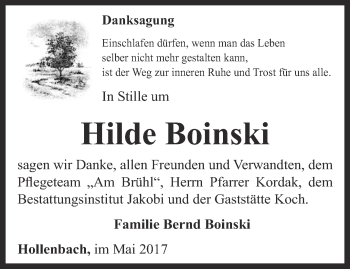 Traueranzeige von Hilde Boinski von Thüringer Allgemeine, Thüringische Landeszeitung