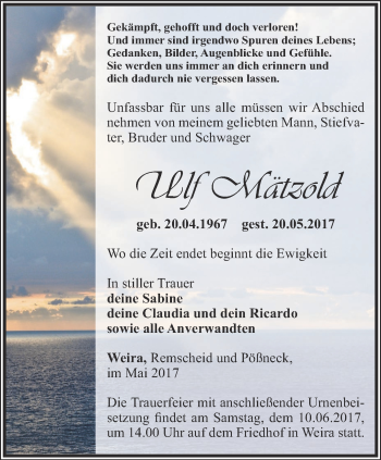 Traueranzeige von Ulf Mätzold von Ostthüringer Zeitung