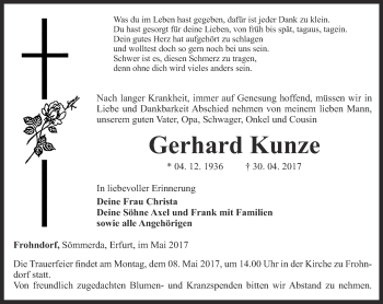 Traueranzeige von Gerhard Kunze von Thüringer Allgemeine