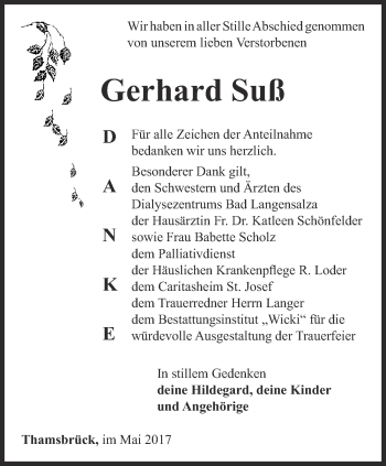 Traueranzeige von Gerhard Suß von Thüringer Allgemeine, Thüringische Landeszeitung