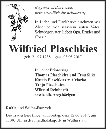 Traueranzeige von Wilfried Plaschkies von Thüringer Allgemeine, Thüringische Landeszeitung