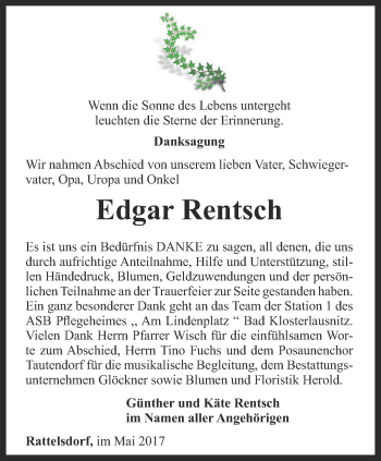 Traueranzeige von Edgar Rentsch von Ostthüringer Zeitung