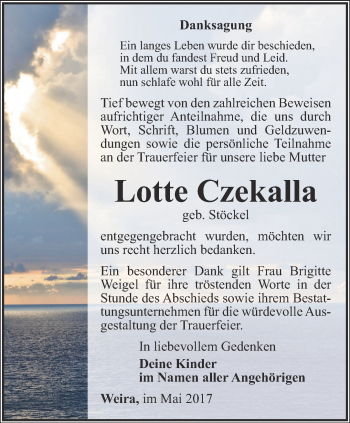 Traueranzeige von Lotte Czekalla von Ostthüringer Zeitung