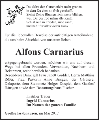 Traueranzeige von Alfons Carnarius von Ostthüringer Zeitung, Thüringische Landeszeitung