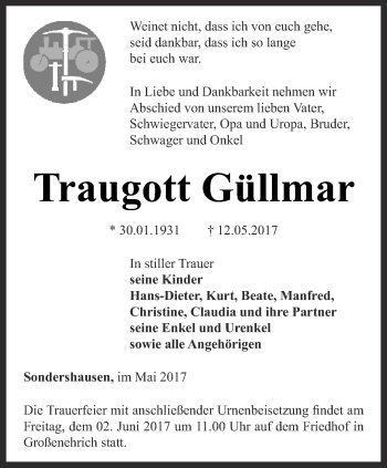 Traueranzeige von Traugott Güllmar von Thüringer Allgemeine
