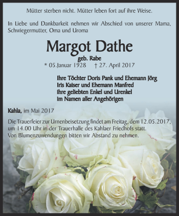 Traueranzeige von Margot Dathe von Ostthüringer Zeitung, Thüringische Landeszeitung