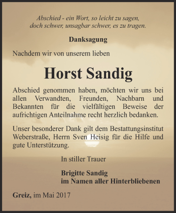 Traueranzeige von Horst Sandig von Ostthüringer Zeitung