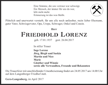 Traueranzeige von Friedhold Lorenz von Ostthüringer Zeitung