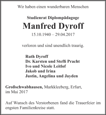 Traueranzeige von Manfred Dyroff von Thüringer Allgemeine, Thüringische Landeszeitung