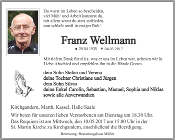 Traueranzeige von Franz Wellmann von Thüringer Allgemeine