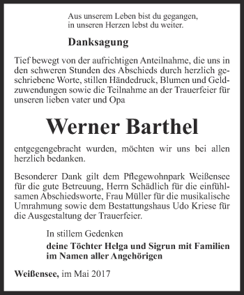 Traueranzeige von Werner Barthel von Thüringer Allgemeine