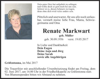 Traueranzeige von Renate Markwart von Thüringer Allgemeine, Thüringische Landeszeitung