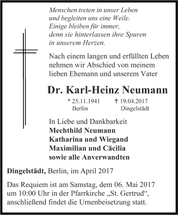Traueranzeige von Karl-Heinz Neumann von Thüringer Allgemeine