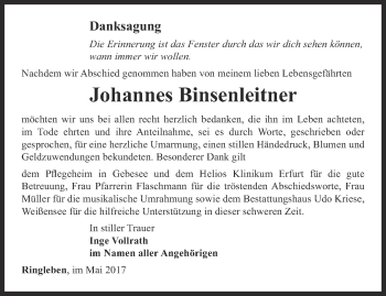 Traueranzeige von Johannes Binsenleitner von Thüringer Allgemeine, Thüringische Landeszeitung