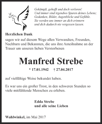 Traueranzeige von Manfred Strebe von Ostthüringer Zeitung, Thüringische Landeszeitung