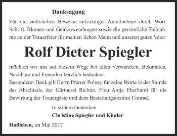 Traueranzeige von Rolf Dieter Spiegler von Thüringer Allgemeine, Thüringische Landeszeitung