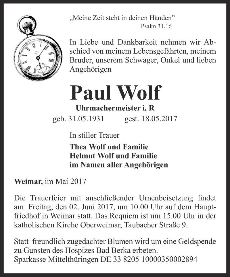  Traueranzeige für Paul Wolf vom 27.05.2017 aus Thüringer Allgemeine, Thüringische Landeszeitung