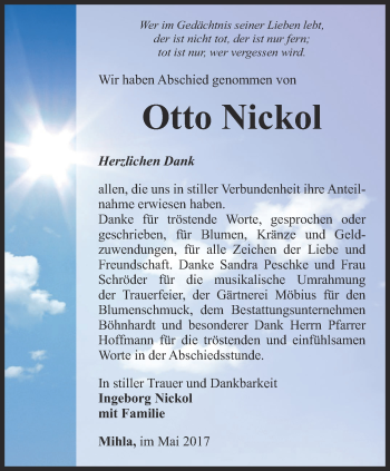 Traueranzeige von Otto  Nickol von Thüringer Allgemeine, Thüringische Landeszeitung