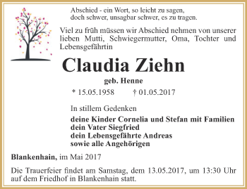 Traueranzeige von Claudia Ziehn von Thüringer Allgemeine, Thüringische Landeszeitung