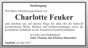 Traueranzeige von charlotte Feuker von Ostthüringer Zeitung