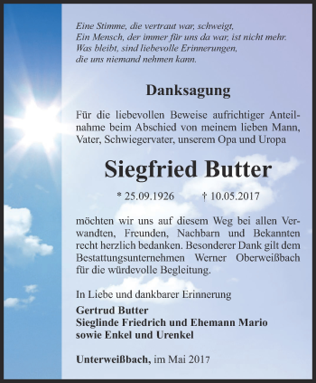 Traueranzeige von Siegfried Butter von Ostthüringer Zeitung