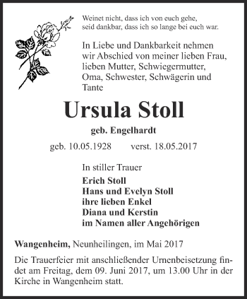 Traueranzeige von Ursula Stoll von Ostthüringer Zeitung, Thüringische Landeszeitung