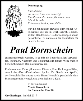 Traueranzeige von Paul Bornschein von Thüringer Allgemeine, Thüringische Landeszeitung