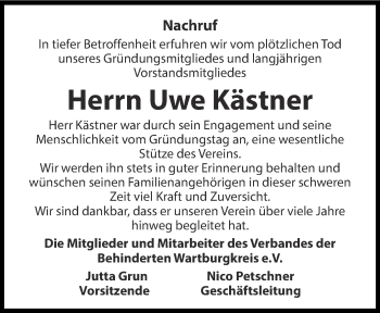 Traueranzeige von Uwe Kästner von Thüringer Allgemeine, Thüringische Landeszeitung