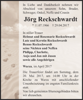 Traueranzeige von Jörg Reckschwardt von Ostthüringer Zeitung, Thüringische Landeszeitung