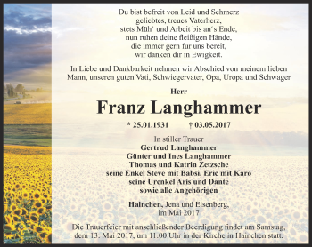 Traueranzeige von Franz Langhammer von Ostthüringer Zeitung