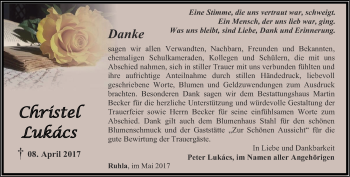 Traueranzeige von Christel Lukács von Thüringer Allgemeine, Thüringische Landeszeitung