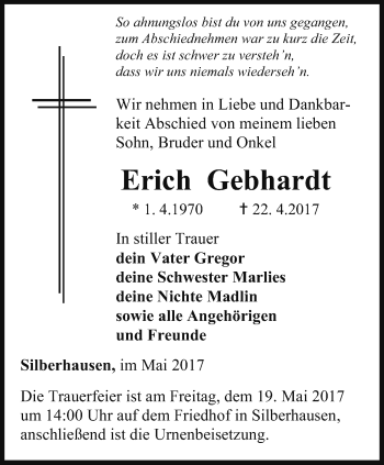 Traueranzeige von Erich Gebhardt von Thüringer Allgemeine