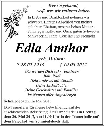 Traueranzeige von Edla Amthor von Ostthüringer Zeitung