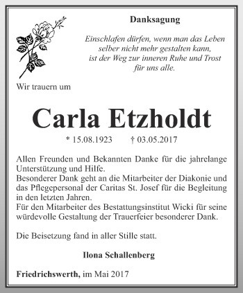 Traueranzeige von Carla Etzholdt von Ostthüringer Zeitung, Thüringische Landeszeitung