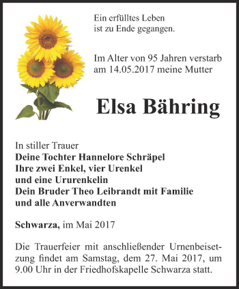 Traueranzeige von Elsa Bähring von Ostthüringer Zeitung