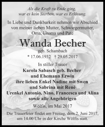 Traueranzeige von Wanda Becher von Ostthüringer Zeitung, Thüringische Landeszeitung