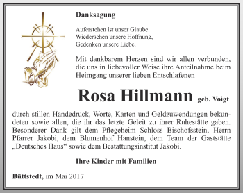 Traueranzeige von Rosa Hillmann von Thüringer Allgemeine, Thüringische Landeszeitung