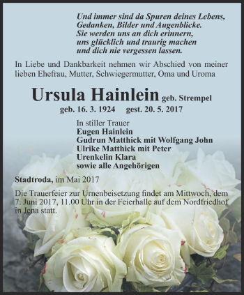 Traueranzeige von Ursula Hainlein von Ostthüringer Zeitung, Thüringische Landeszeitung