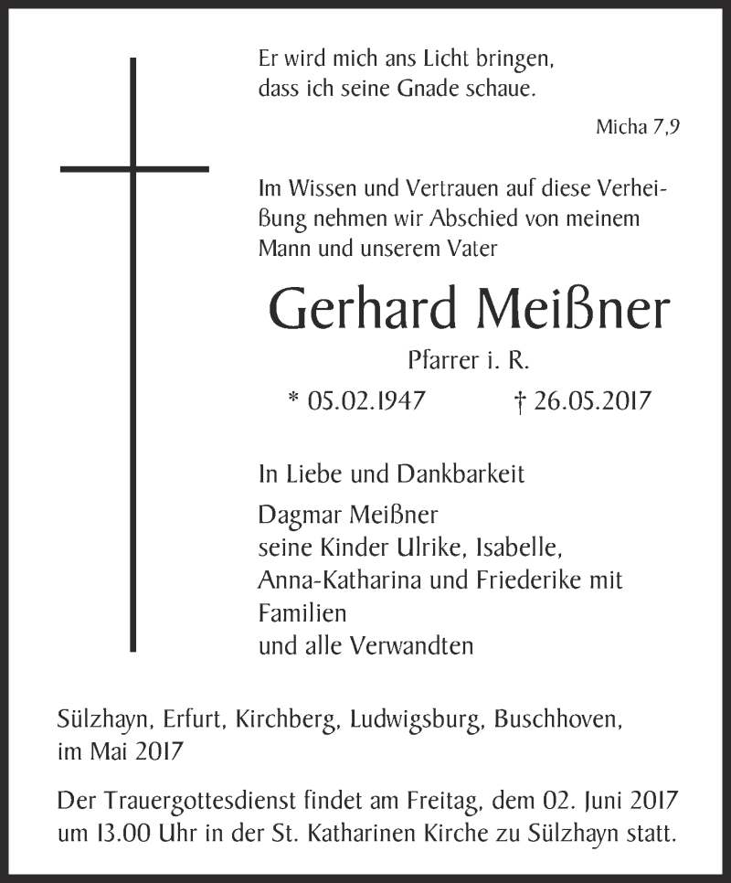 Traueranzeigen von Gerhard Meißner | trauer-in-thueringen.de