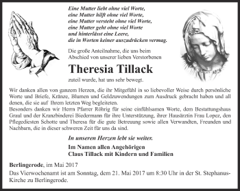 Traueranzeige von Theresia Tillack von Thüringer Allgemeine