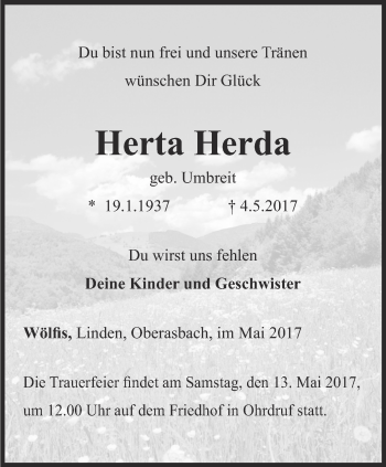 Traueranzeige von Herta Herda von Ostthüringer Zeitung, Thüringische Landeszeitung