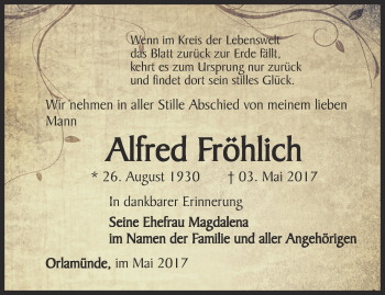 Traueranzeige von Alfred Fröhlich von Ostthüringer Zeitung, Thüringische Landeszeitung