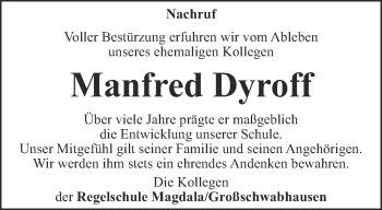 Traueranzeige von Manfred Dyroff von Thüringer Allgemeine, Thüringische Landeszeitung
