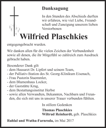 Traueranzeige von Wilfried Plaschkies von Thüringer Allgemeine, Thüringische Landeszeitung