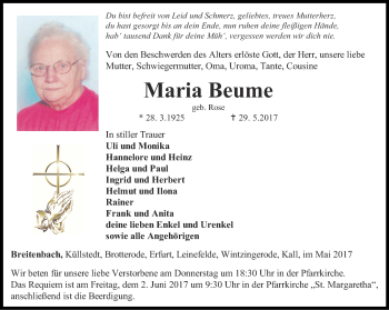Traueranzeige von Maria Beume von Thüringer Allgemeine